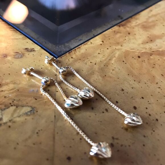 Sterling Silver 14k Yellow Gold Vermeil Heart Drop Earrings - Picture 2 of 6